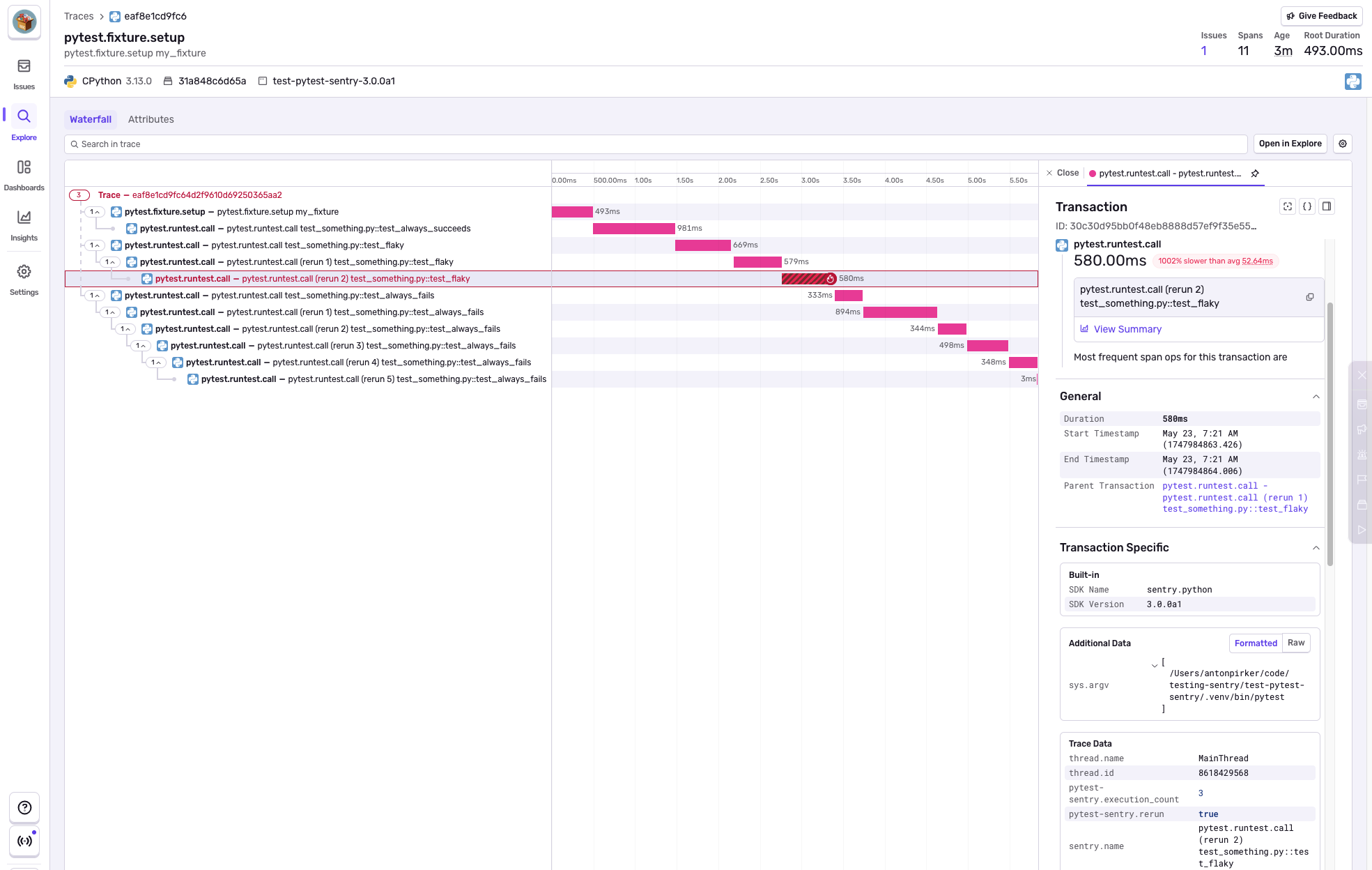 Screenshot of tracing data of a pytest test suite