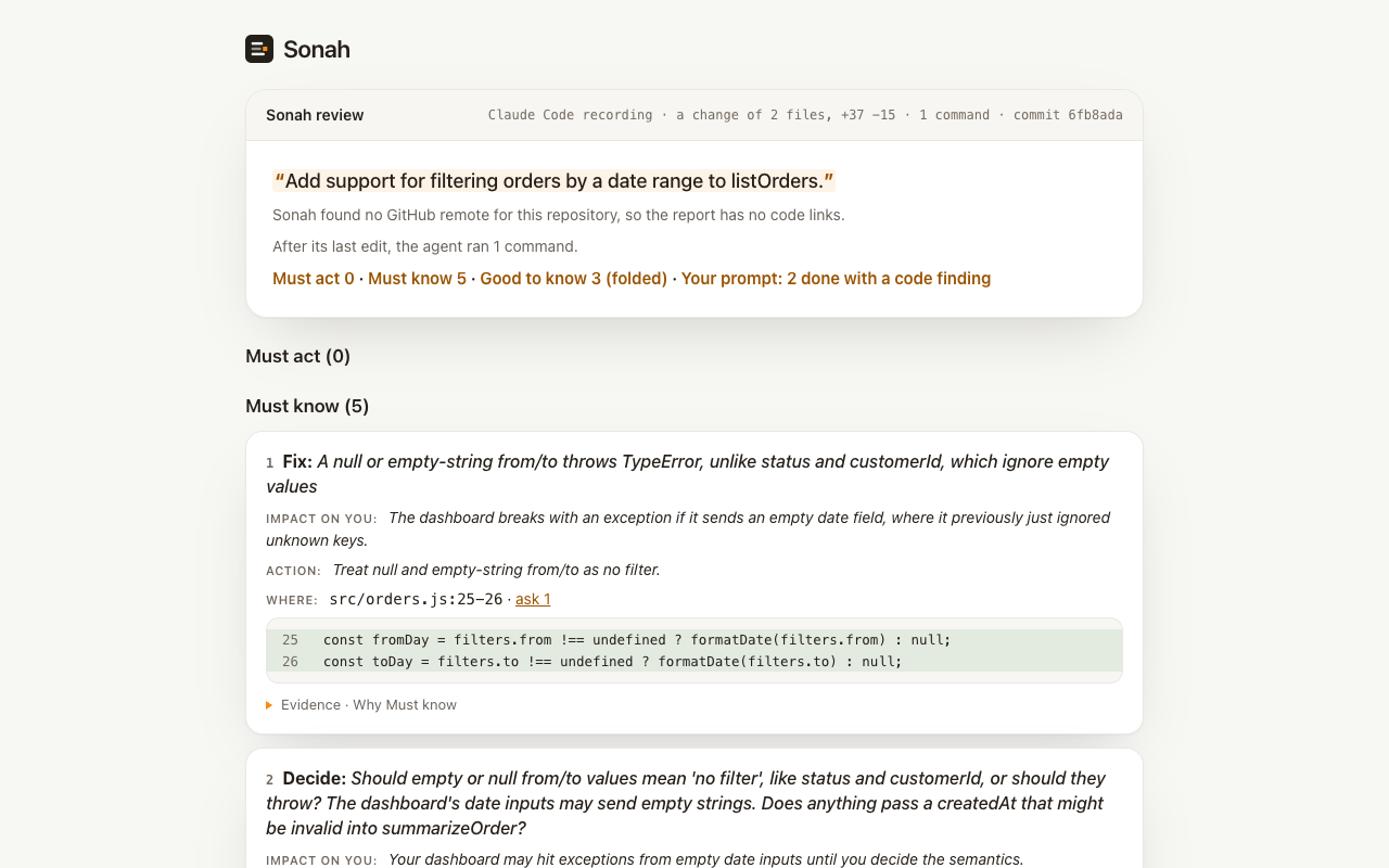 The first screen of a Sonah review: the count line, then the Must act and Must know items