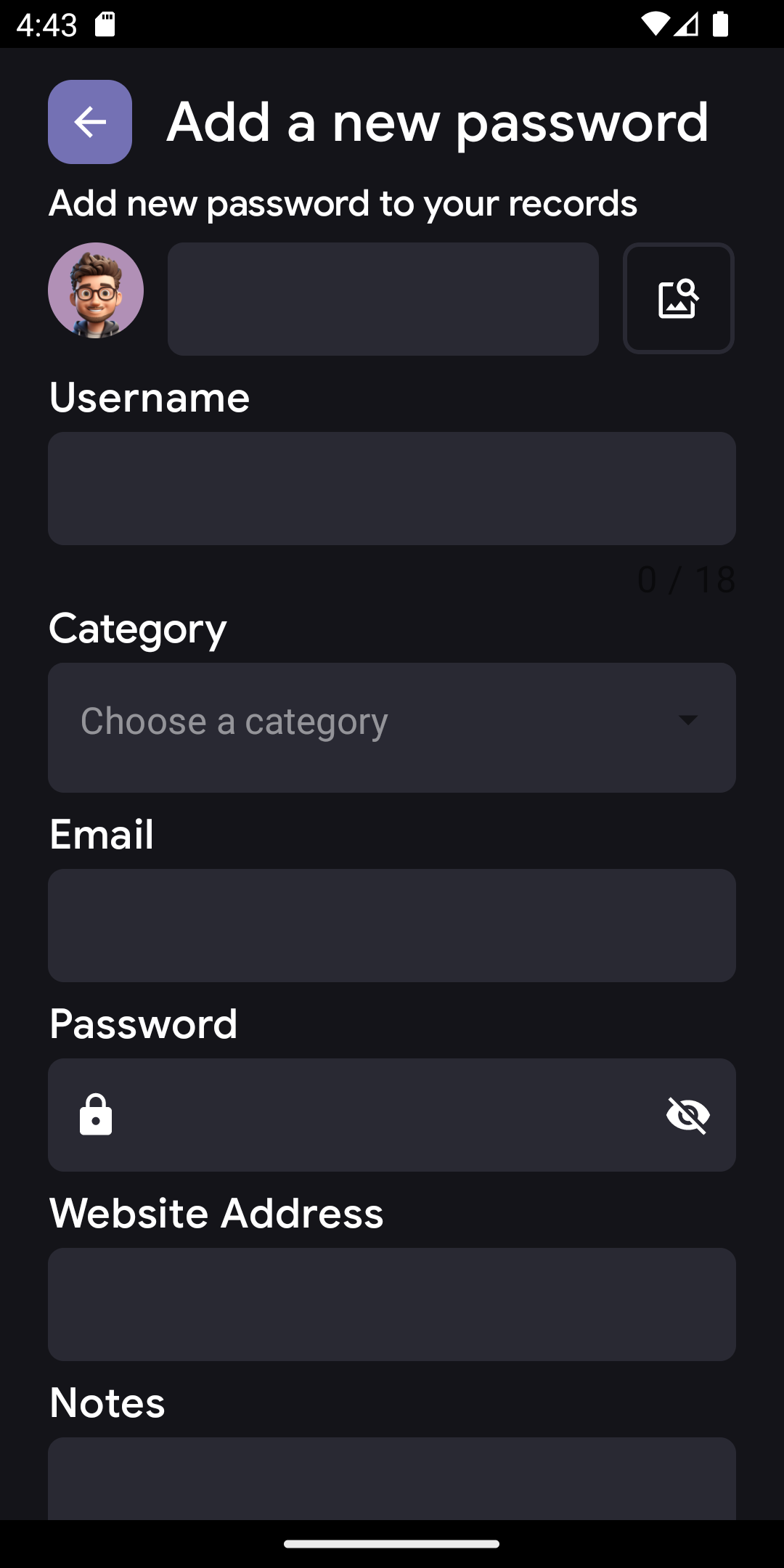 Add new password Screen