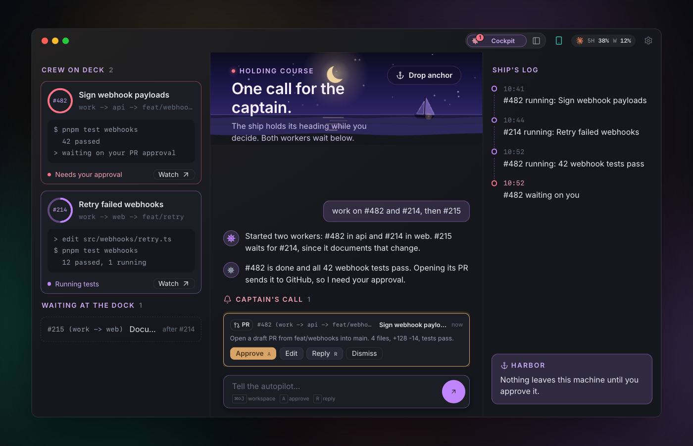 The autopilot's cockpit: two workers on deck, one waiting for approval to open its pull request, and a log of what happened