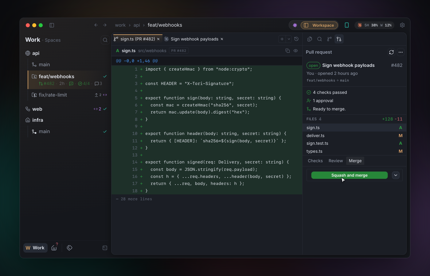 A pull request in Tori: the diff of one file, with checks, approval and the merge button beside it
