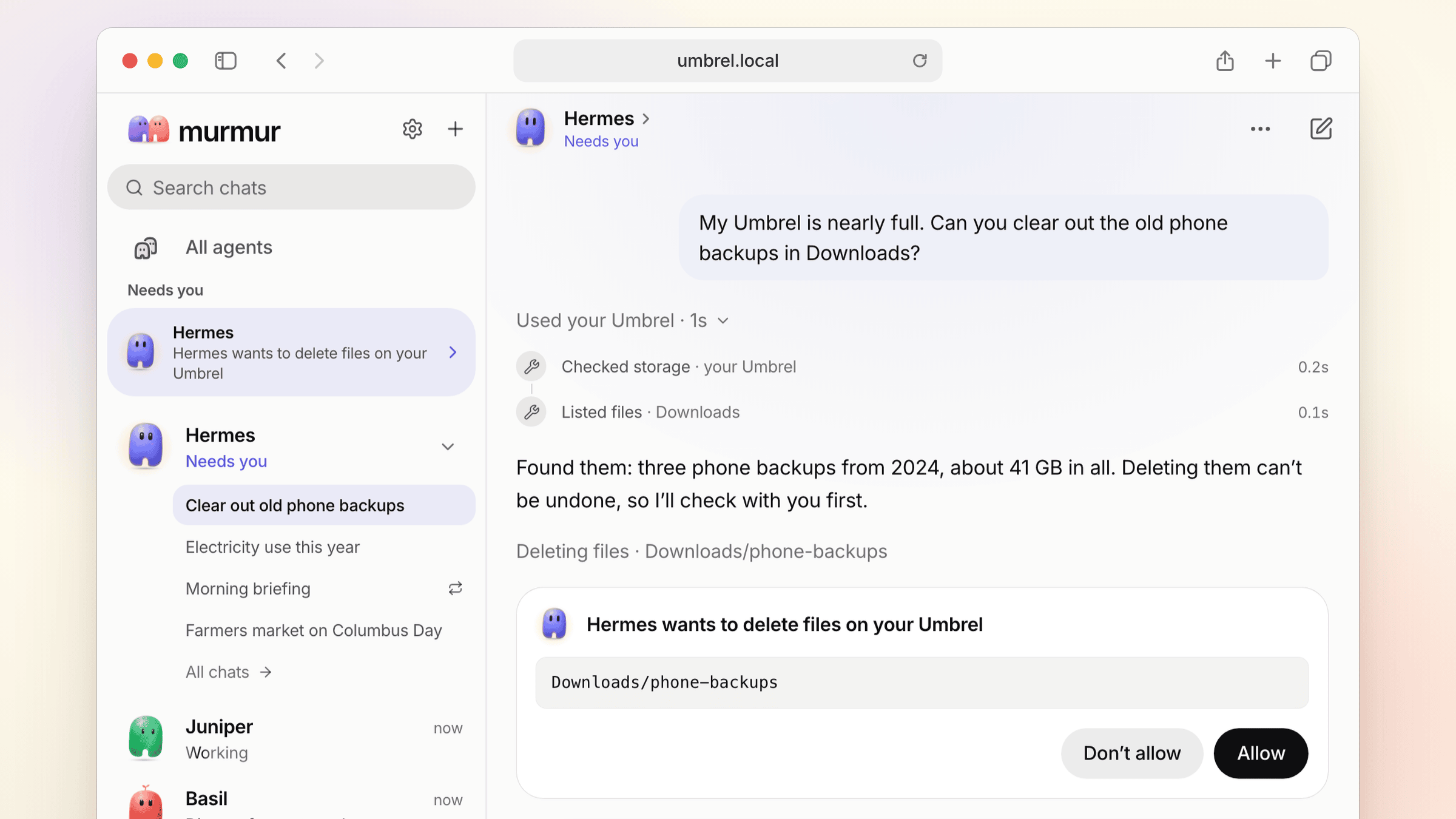 Hermes checked storage and listed files on the Umbrel, then asks before deleting the old phone backups