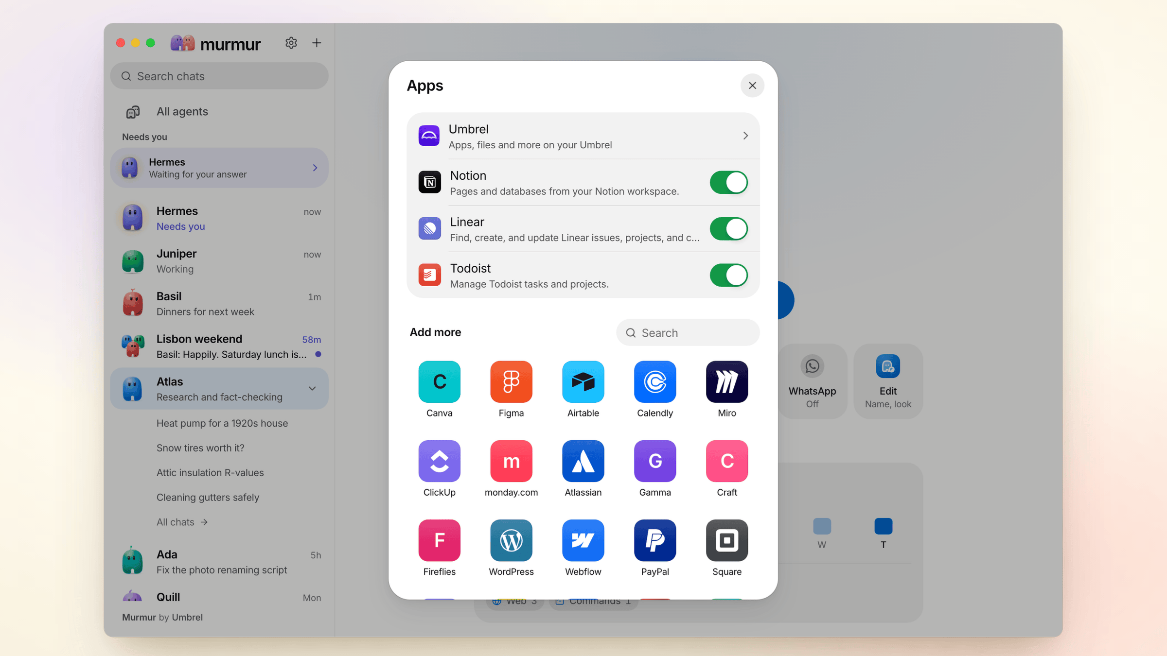Atlas's apps: Notion, Linear and Todoist switched on, and dozens more to add