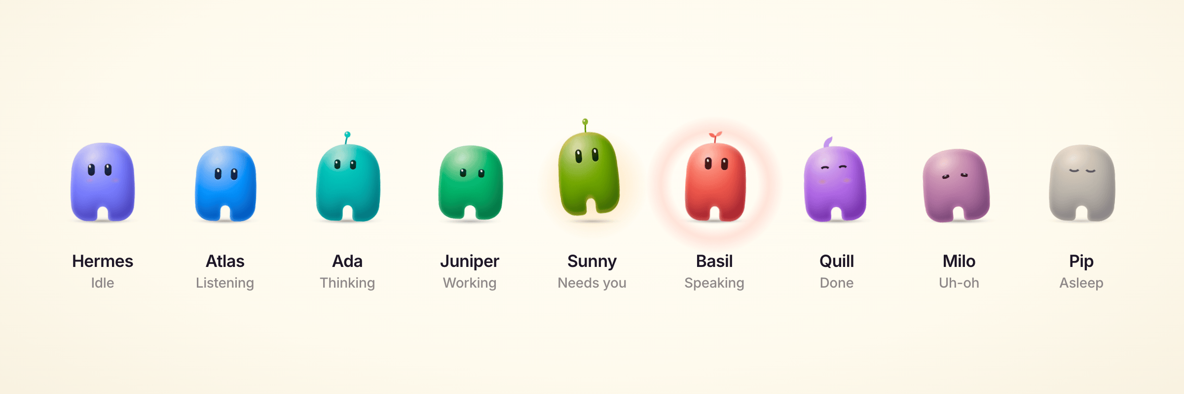 Nine Buddies, each in its own colour: idle, listening, thinking, working, needs you, speaking, done, uh-oh and asleep