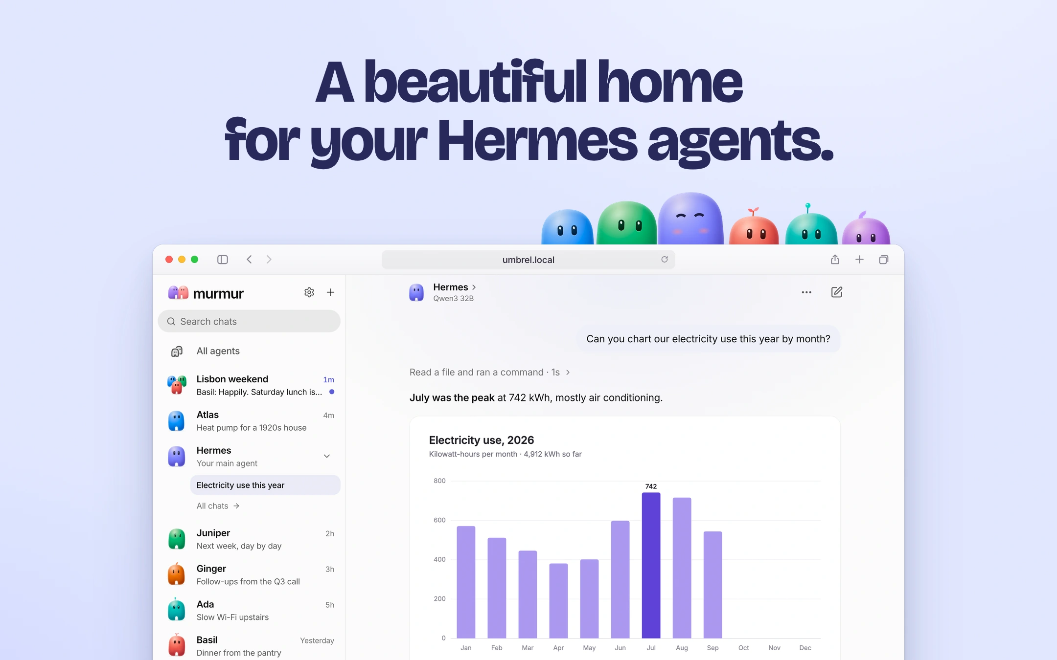 A beautiful home for your Hermes agents: the Buddies peeking over Murmur in a browser at umbrel.local