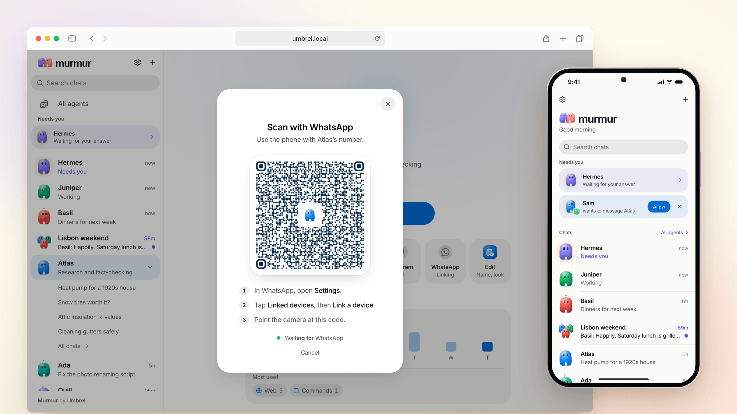 Linking Atlas to WhatsApp with a QR code, and on a phone, Sam asking to message Atlas