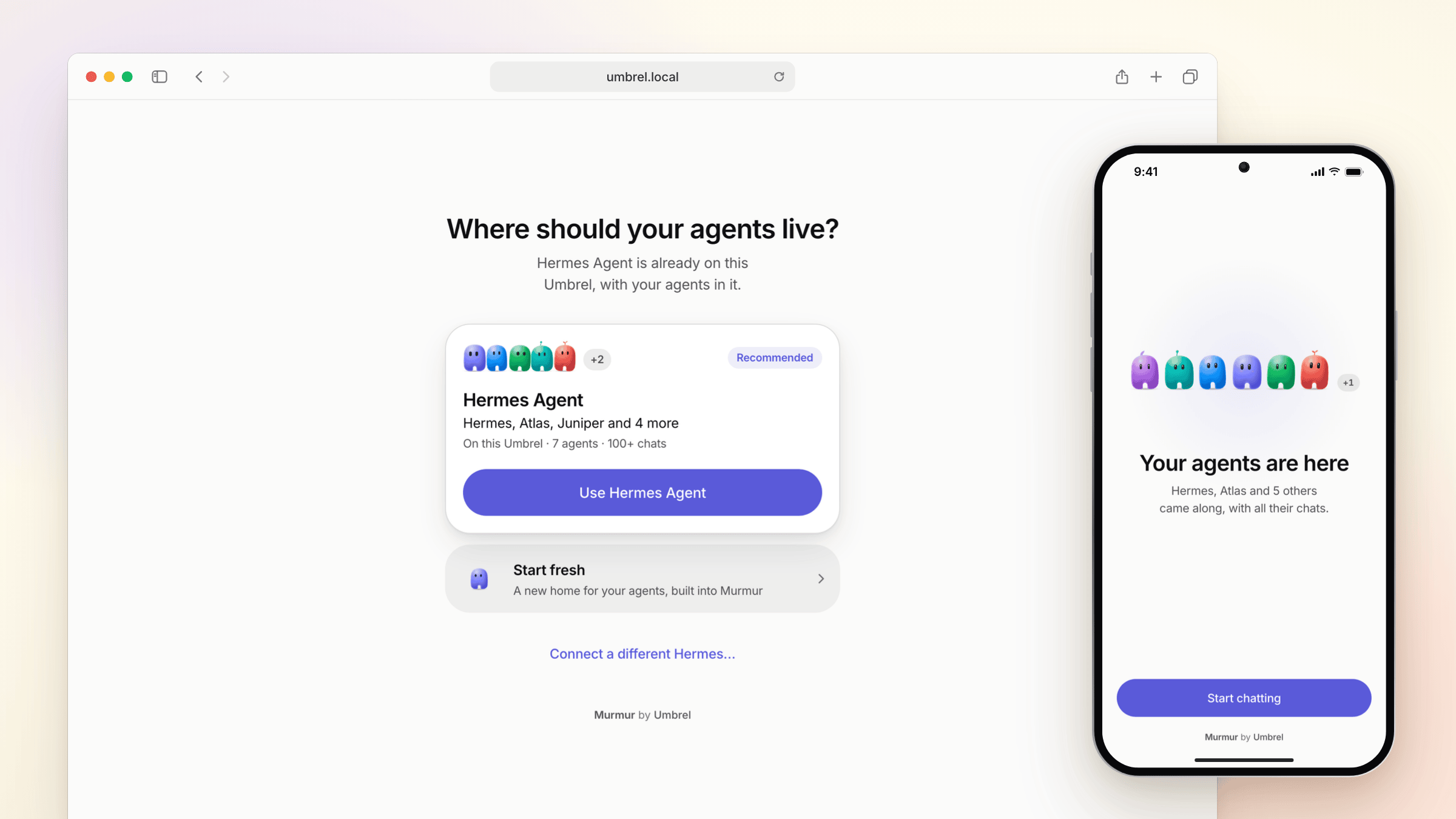 Murmur finds the Hermes Agent app on this Umbrel, with seven agents in it, and offers to start fresh instead