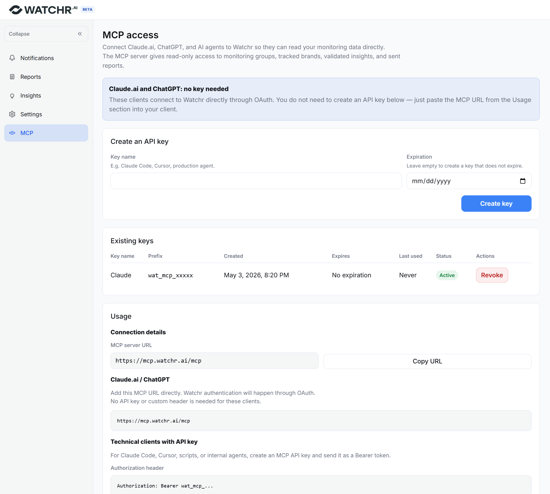 Watchr API key generation interface