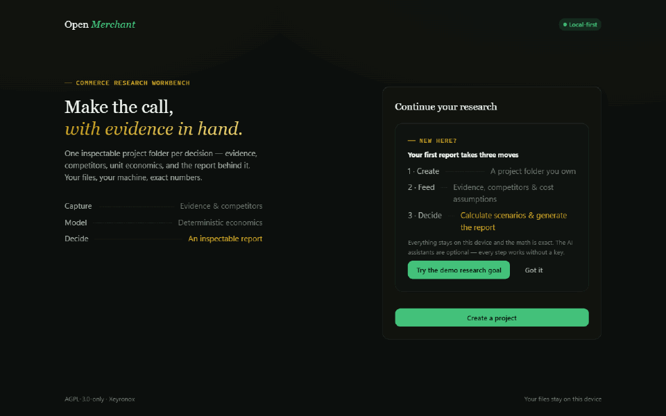 The full loop — create a project, add evidence and competitors, calculate exact unit economics, and generate the opportunity report — in about twenty seconds.