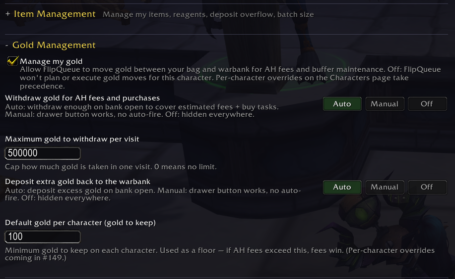 Settings page showing the Auto / Manual / Disabled tri-state controls and the Manage my items / Manage my gold master switches
