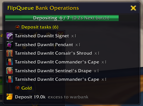 Bank operations popup mid-execution showing pulls, deposits, extras, and gold sections with progress bars