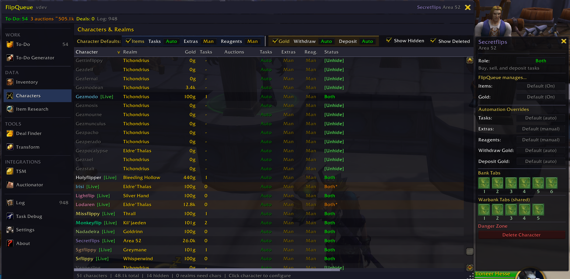 Characters page showing per-character gold totals, task counts, and per-character action overrides