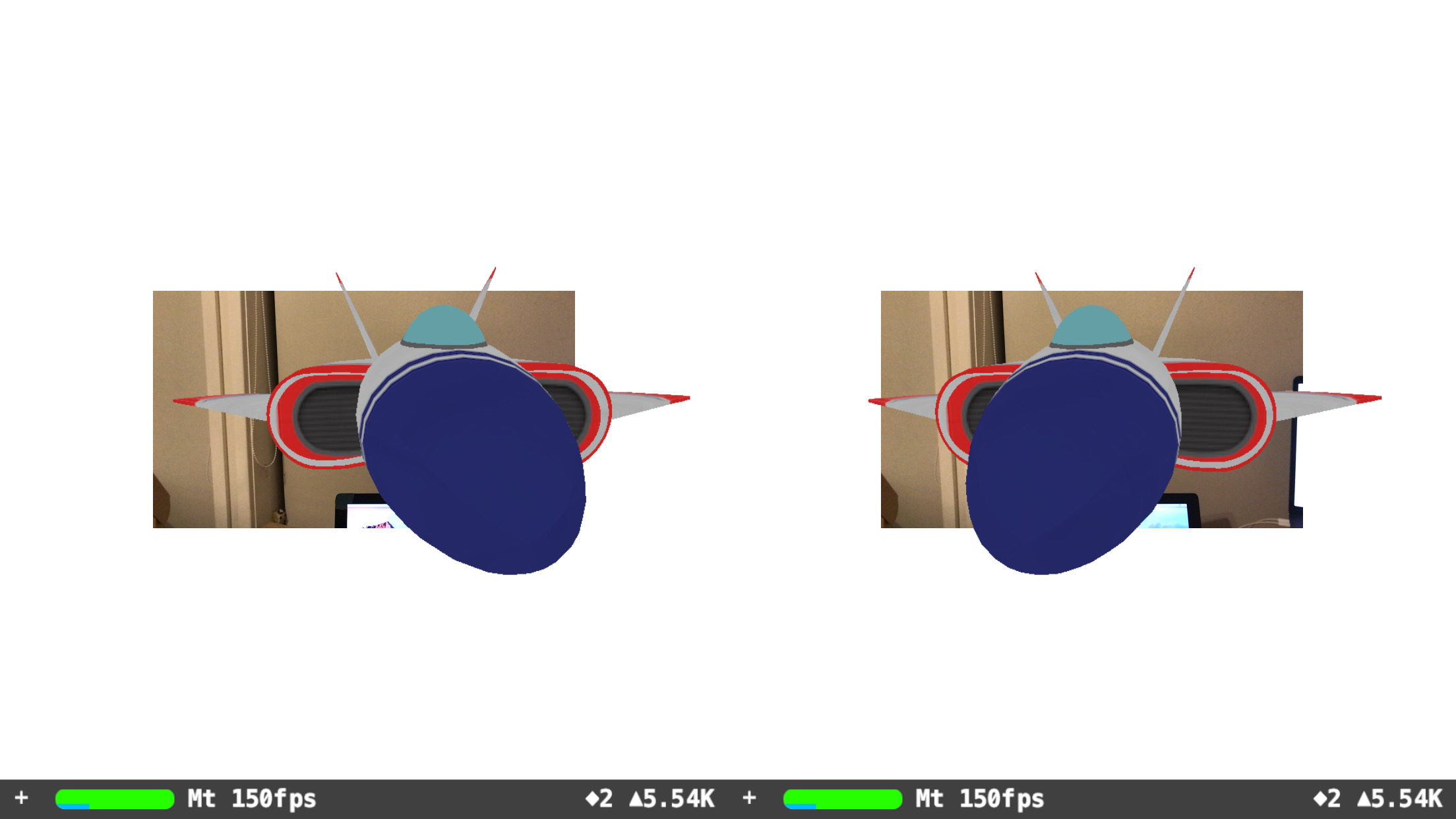 stereoscopic image of spaceship in augmented reality, 90 degree FOV