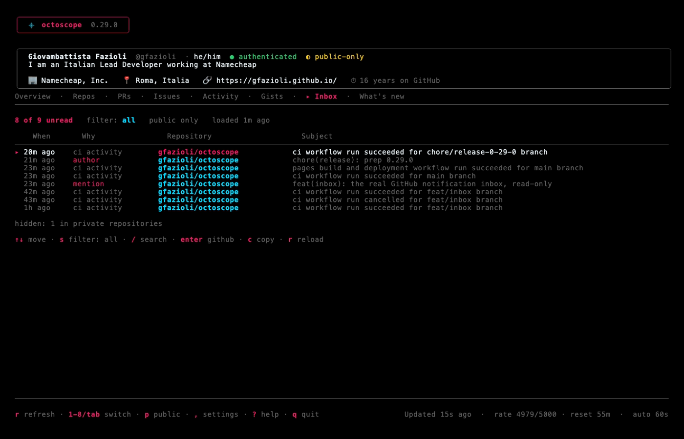 octoscope 0.29.0 — the Inbox tab, unread notifications with their reason, repository and subject