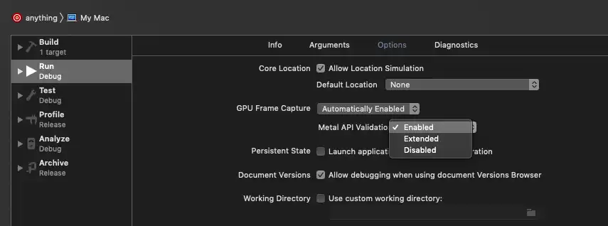 Xcode scheme options
