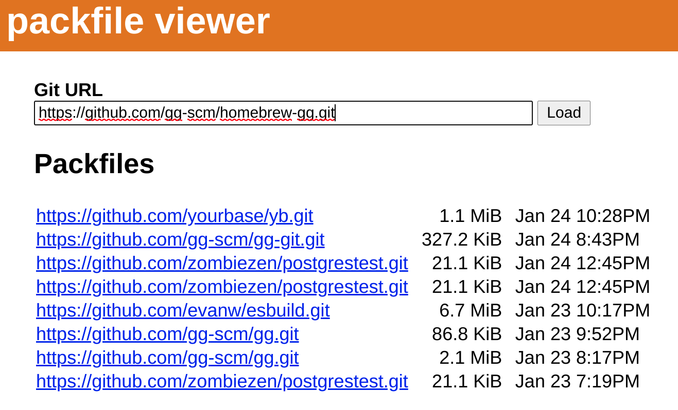Screenshot of packfile viewer with a listing of Git URLs