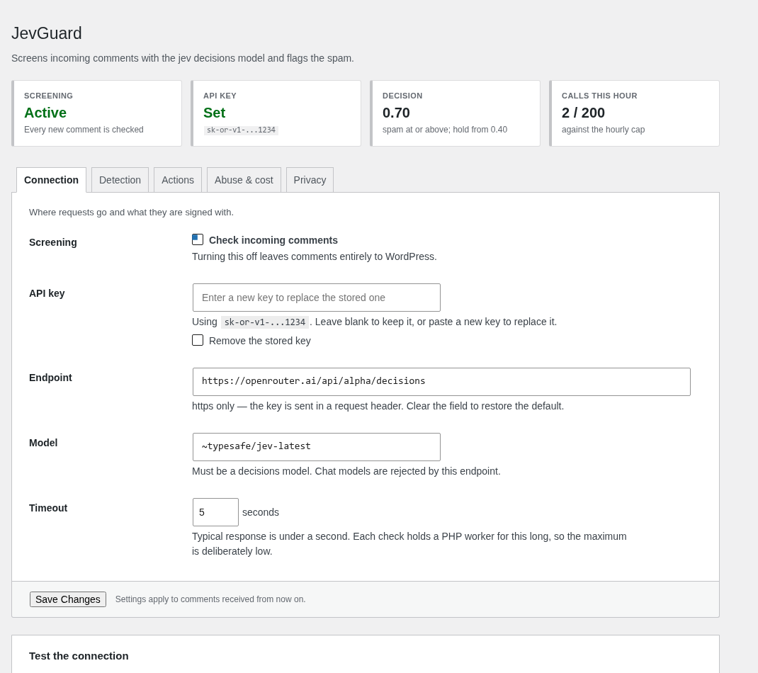The JevGuard settings screen