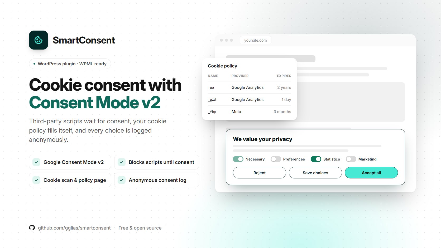 SmartConsent — cookie consent with Google Consent Mode v2