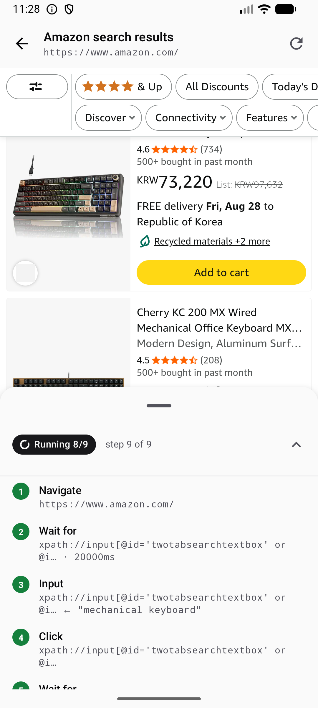 Price scout comparing four shops by delivered price