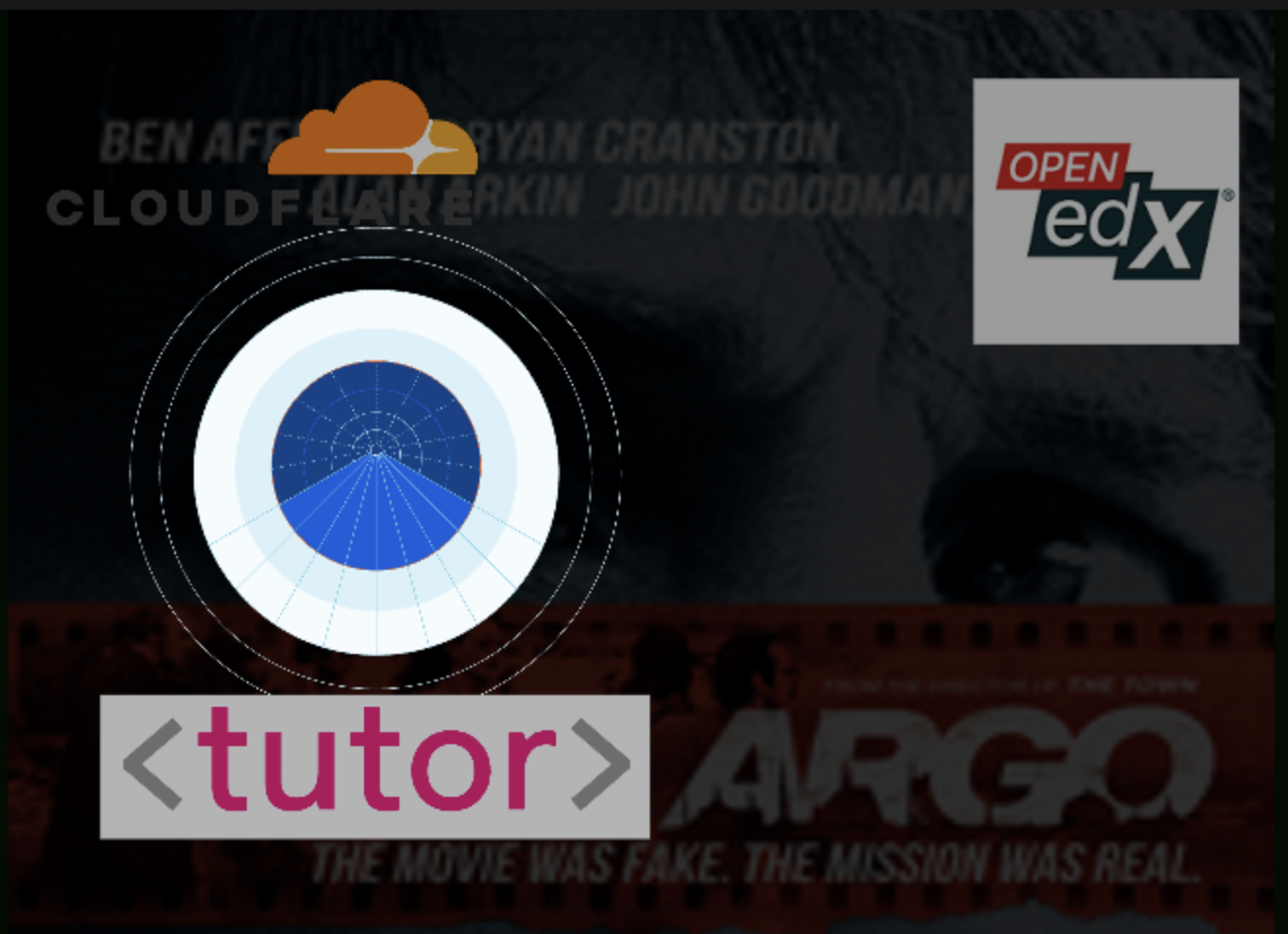 Top to bttom, left to right, Clouflare logo, Open edX logo, Cloudflare tunnel logo, Tutor logo. Background, Argo movie poster from Wikipedia.
