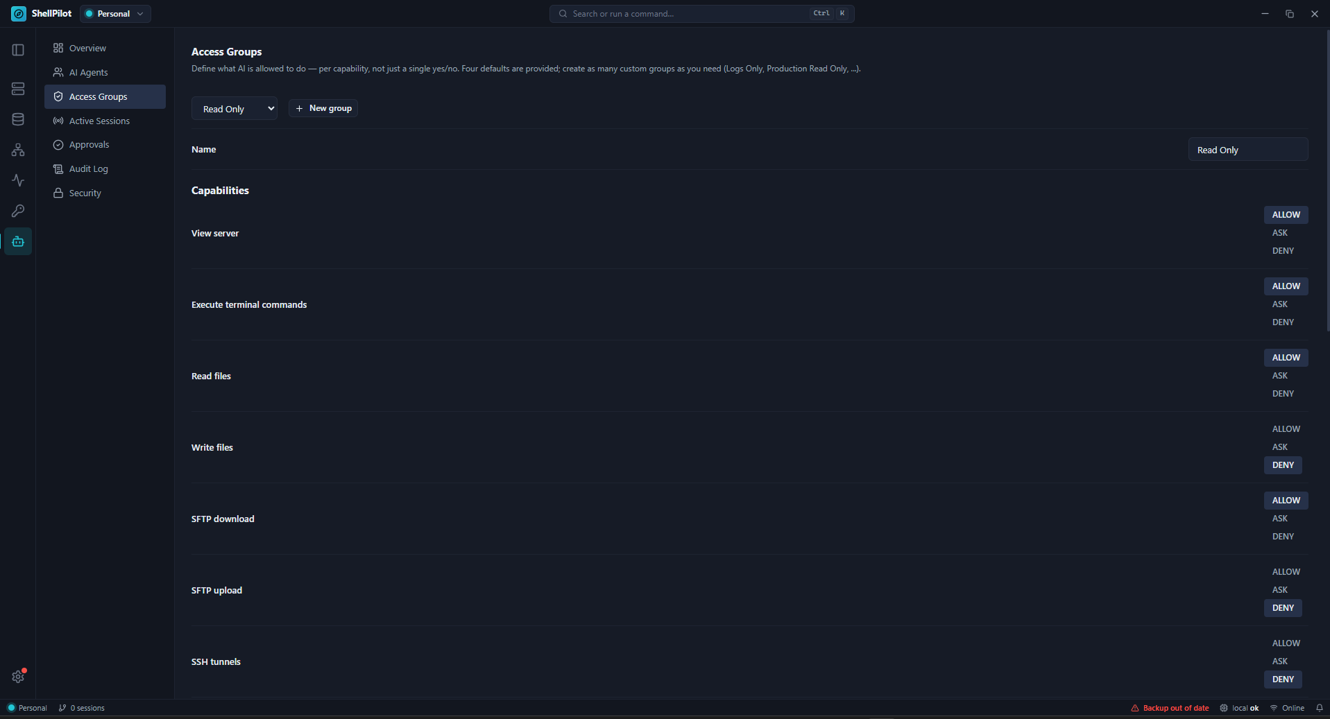 Access group capabilities: each one ALLOW/ASK/DENY