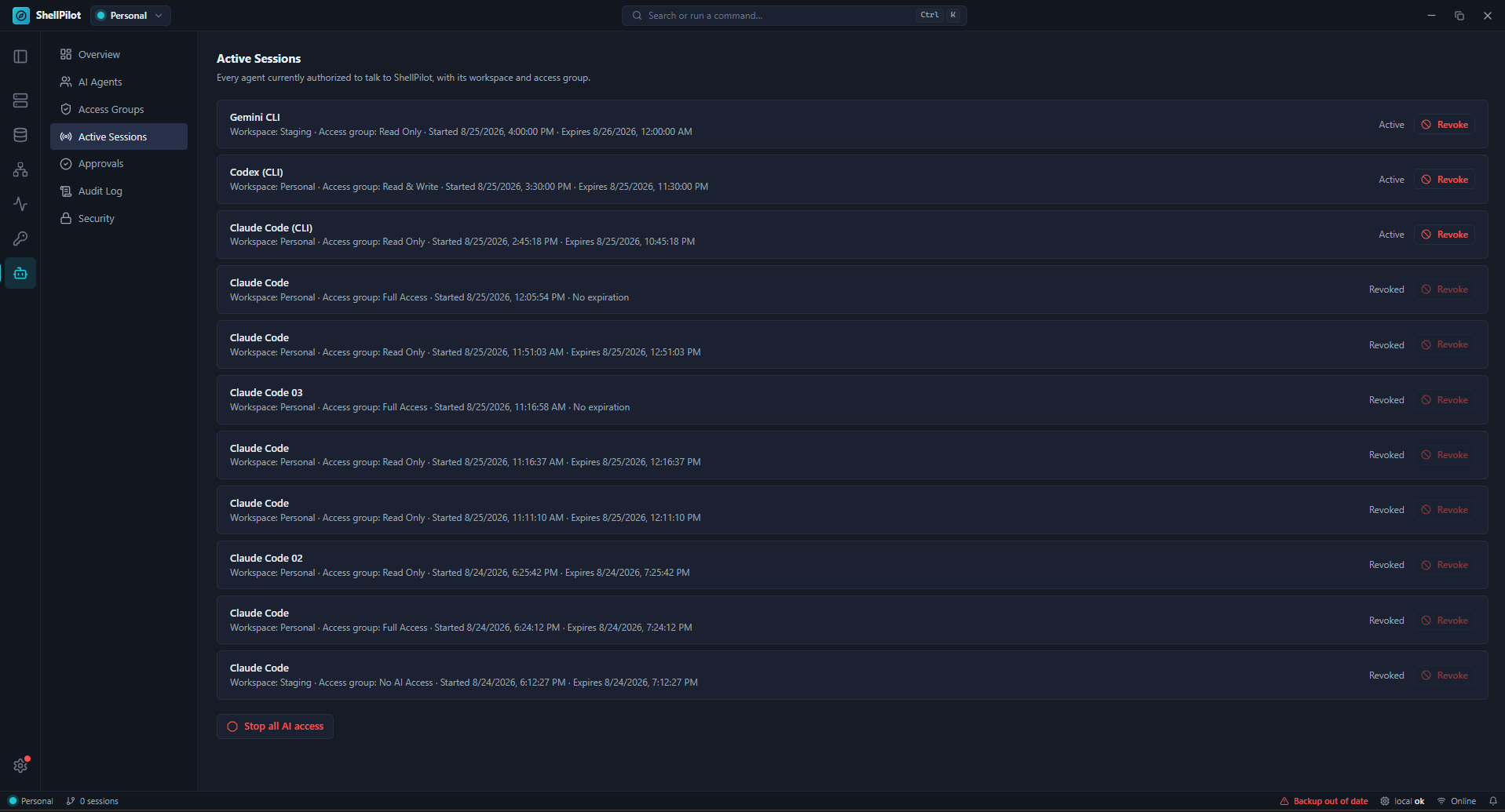 Active Sessions: every session that exists, with Revoke and Stop all AI access
