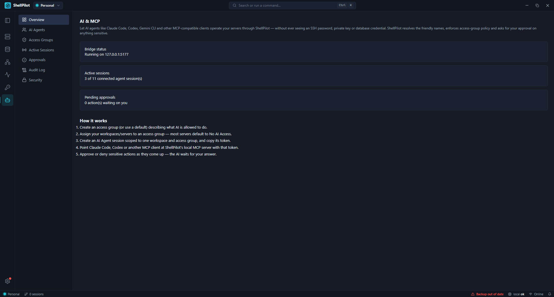 ShellPilot's AI & MCP overview screen