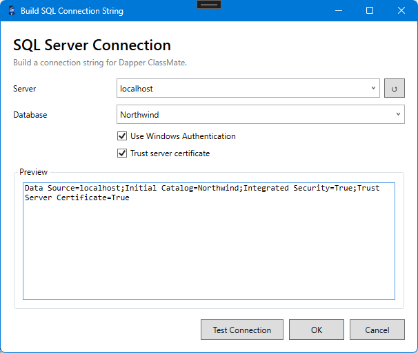 Dapper ClassMate SQL Server Connection Builder