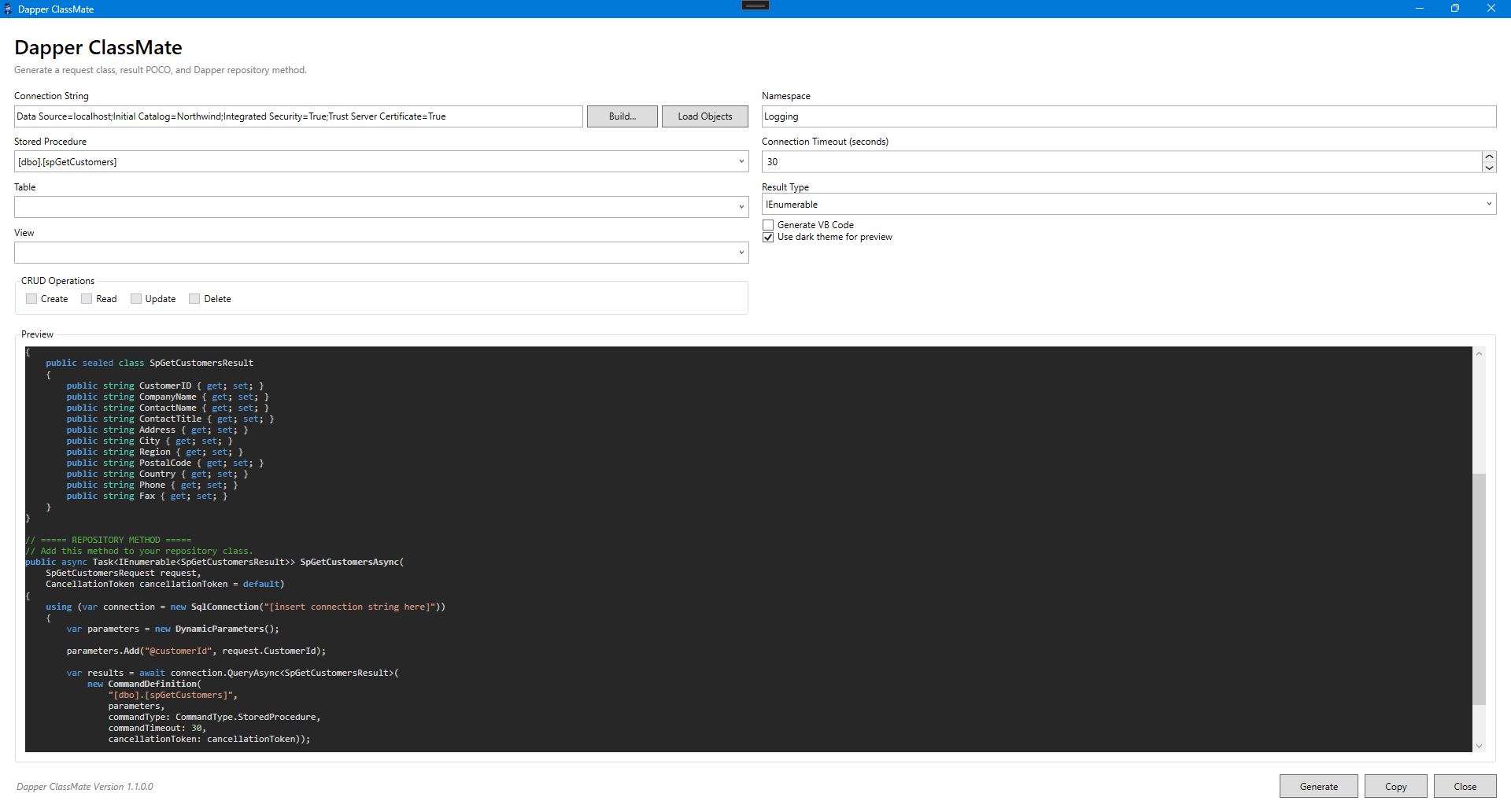 Dapper ClassMate stored procedure selection using the Visual Studio dark theme