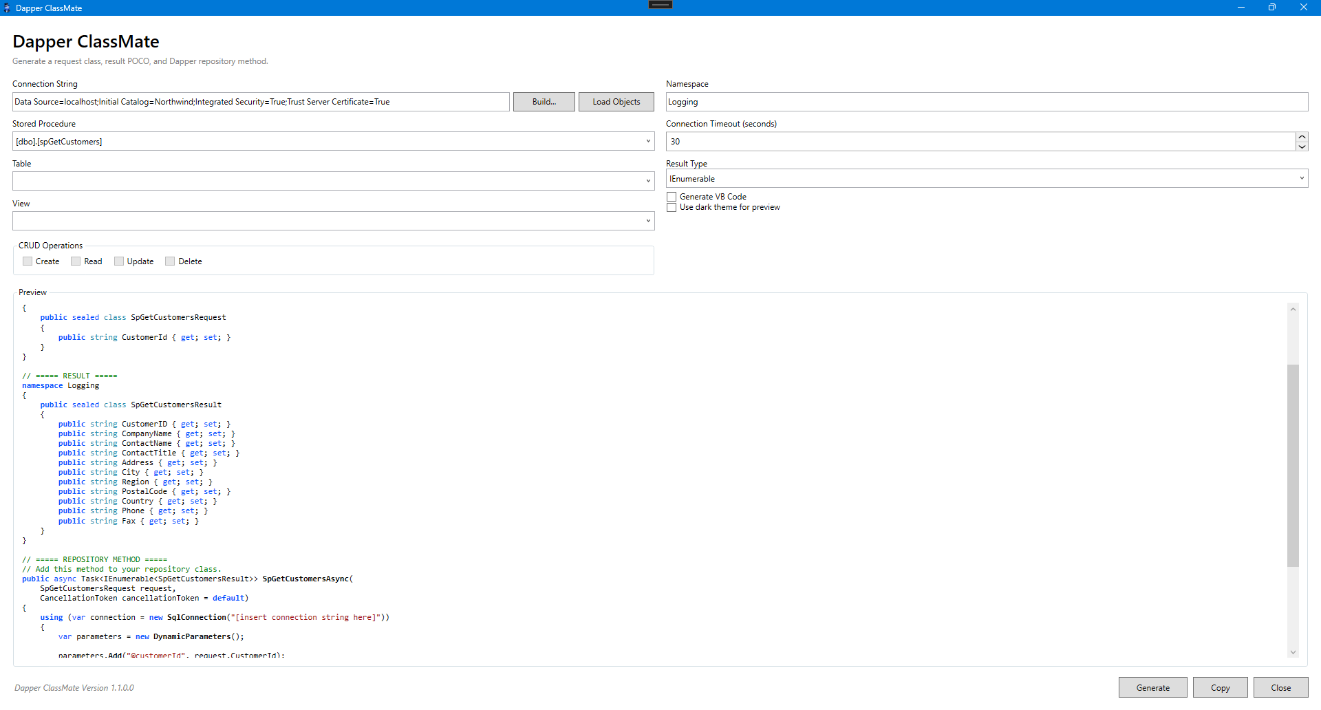 Dapper ClassMate stored procedure code generation