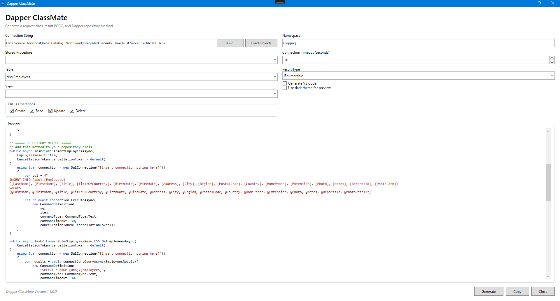 Dapper ClassMate table CRUD code generation