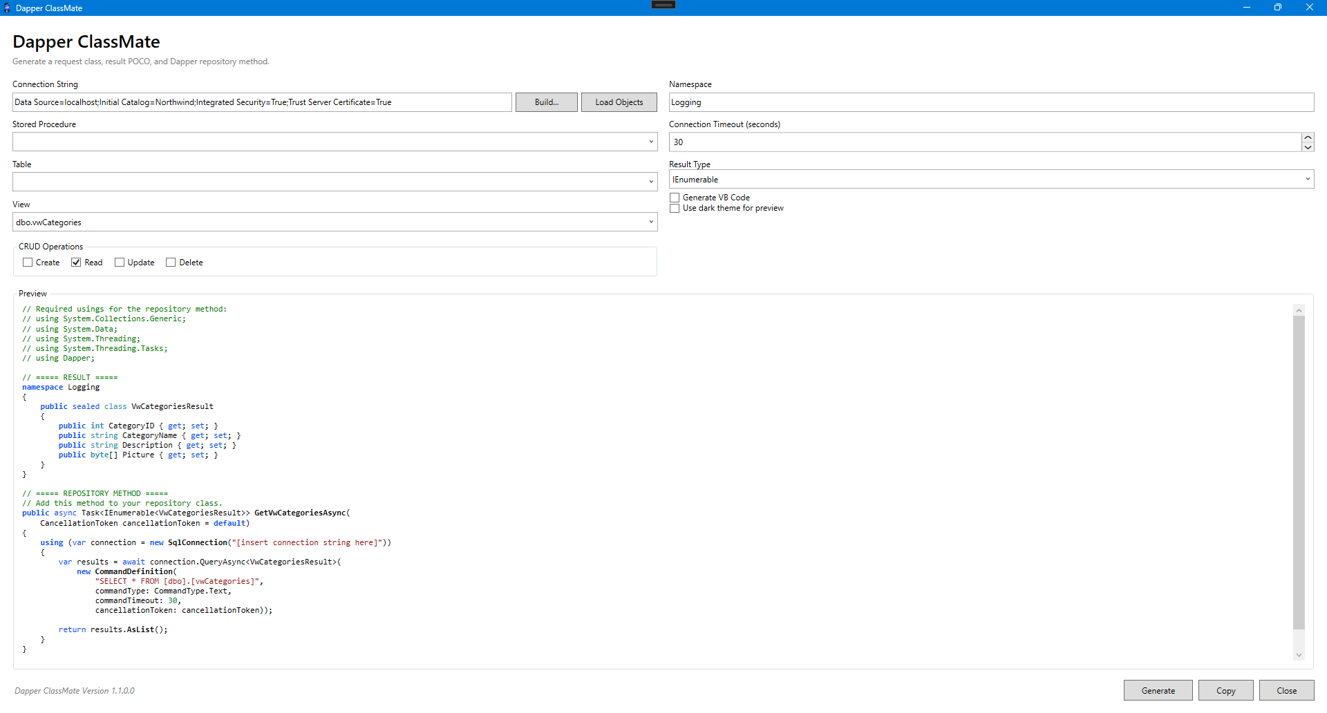 Dapper ClassMate SQL Server view code generation