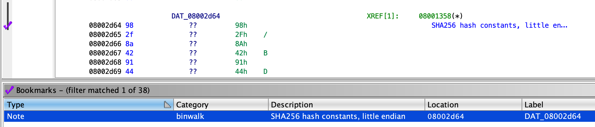 Example result: SHA256 constants found by binwalk.
