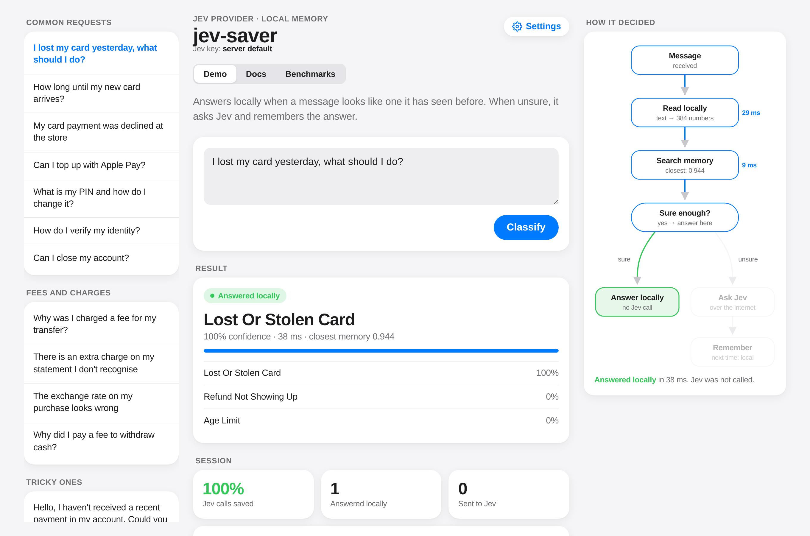 jev-saver demo: a message answered locally, with the decision route on the right