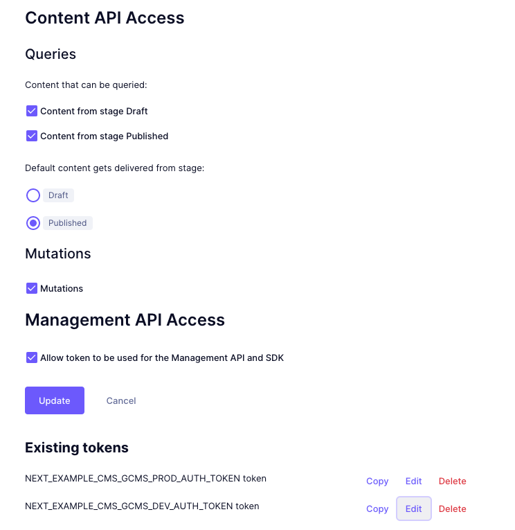 Management API access graph cms token
