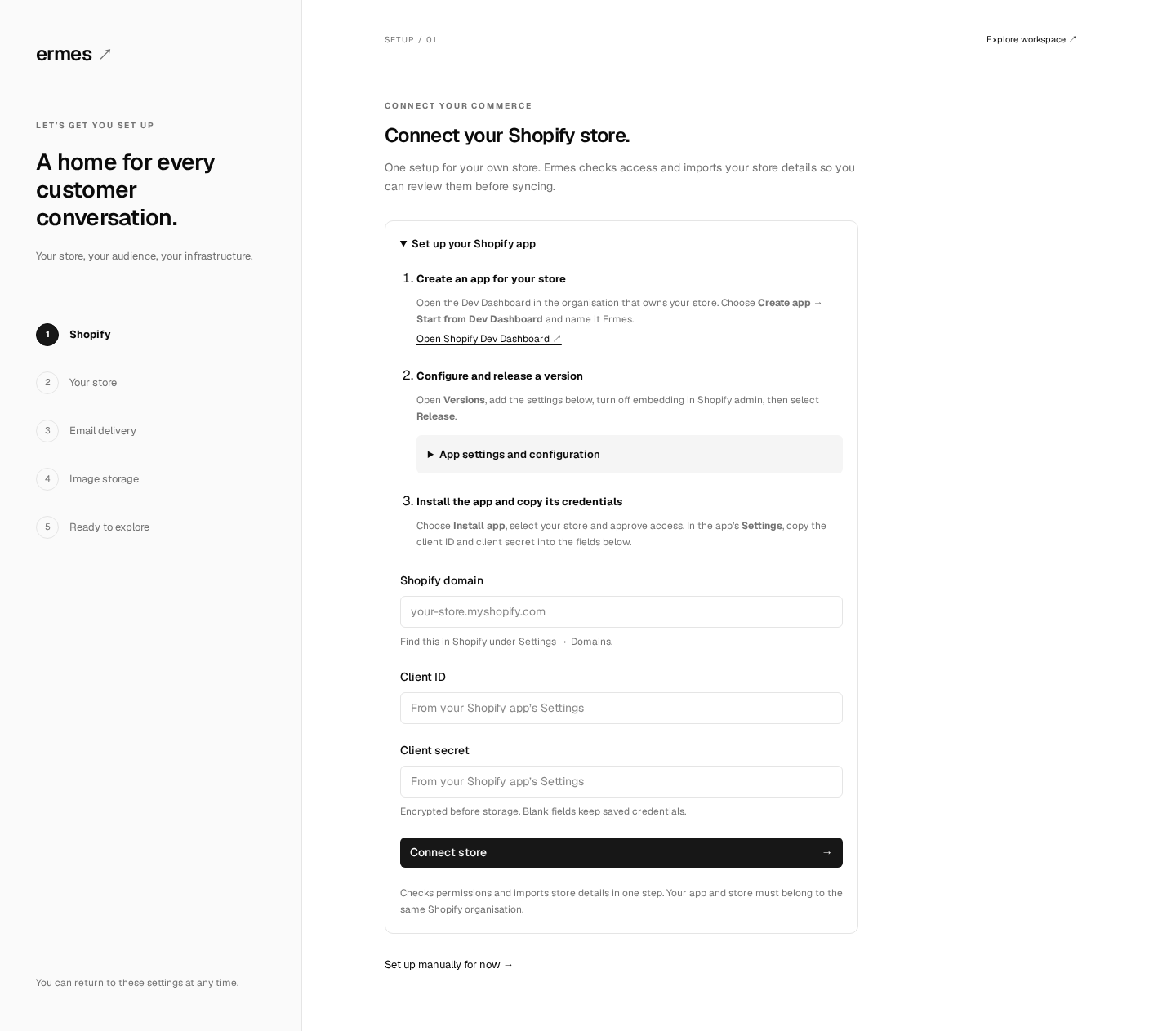 Ermes guided Shopify setup