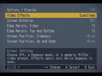 Display settings with Video Effects and Scanlines selected