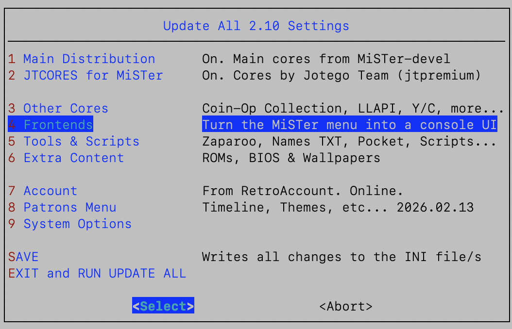 Update All Settings with Frontends highlighted