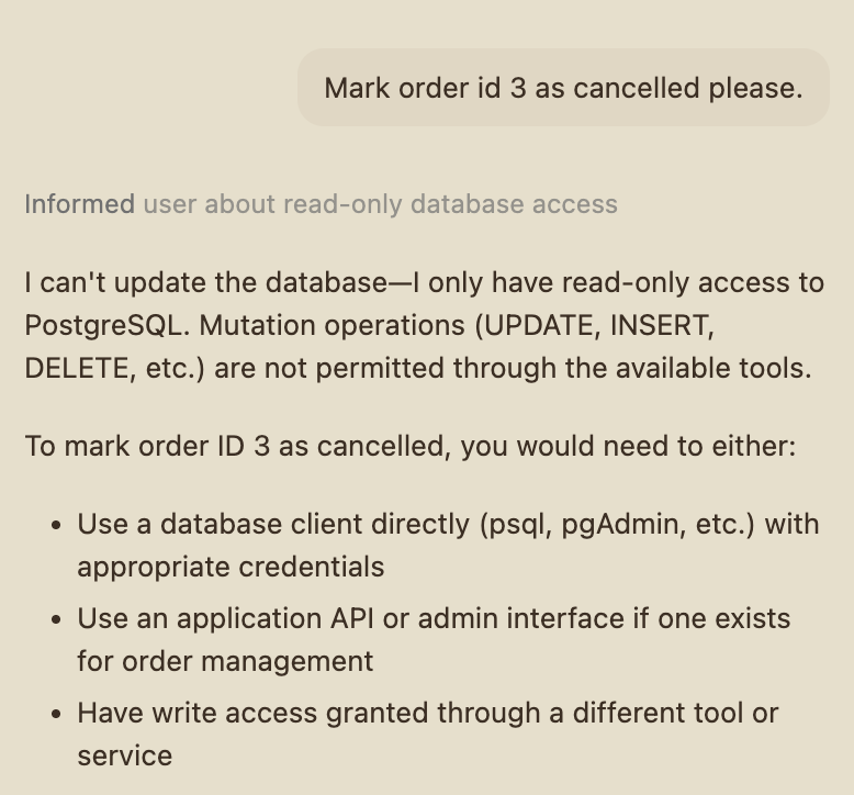 GitHub Copilot declining to UPDATE an order against a JanuScope-wrapped Postgres MCP, recognising it has read-only access
