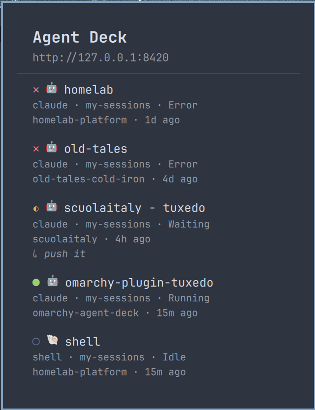 Session list panel with status, tool, project, and prompt