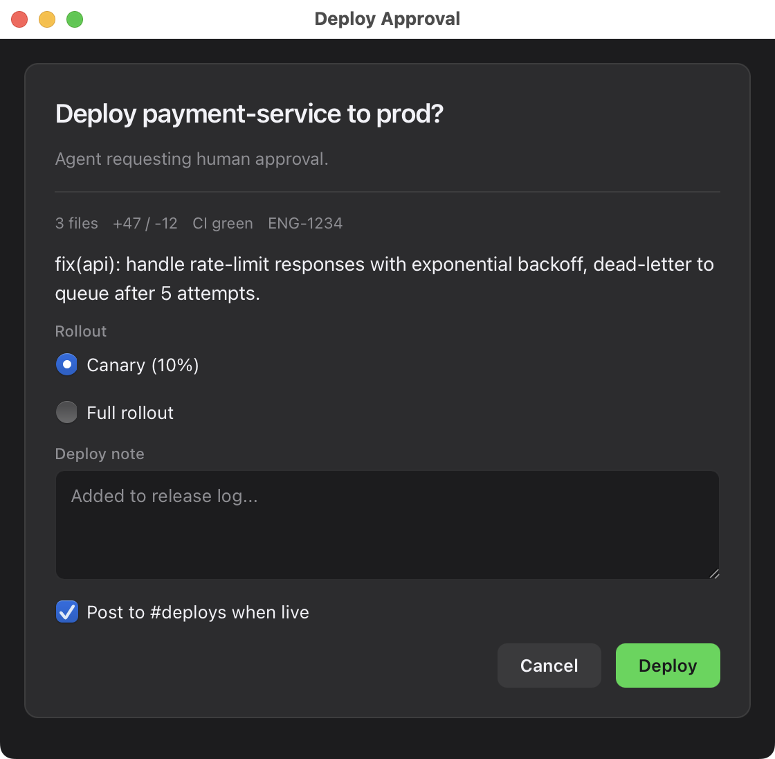 Deploy approval window — an agent asks for production deploy approval with a native macOS UI