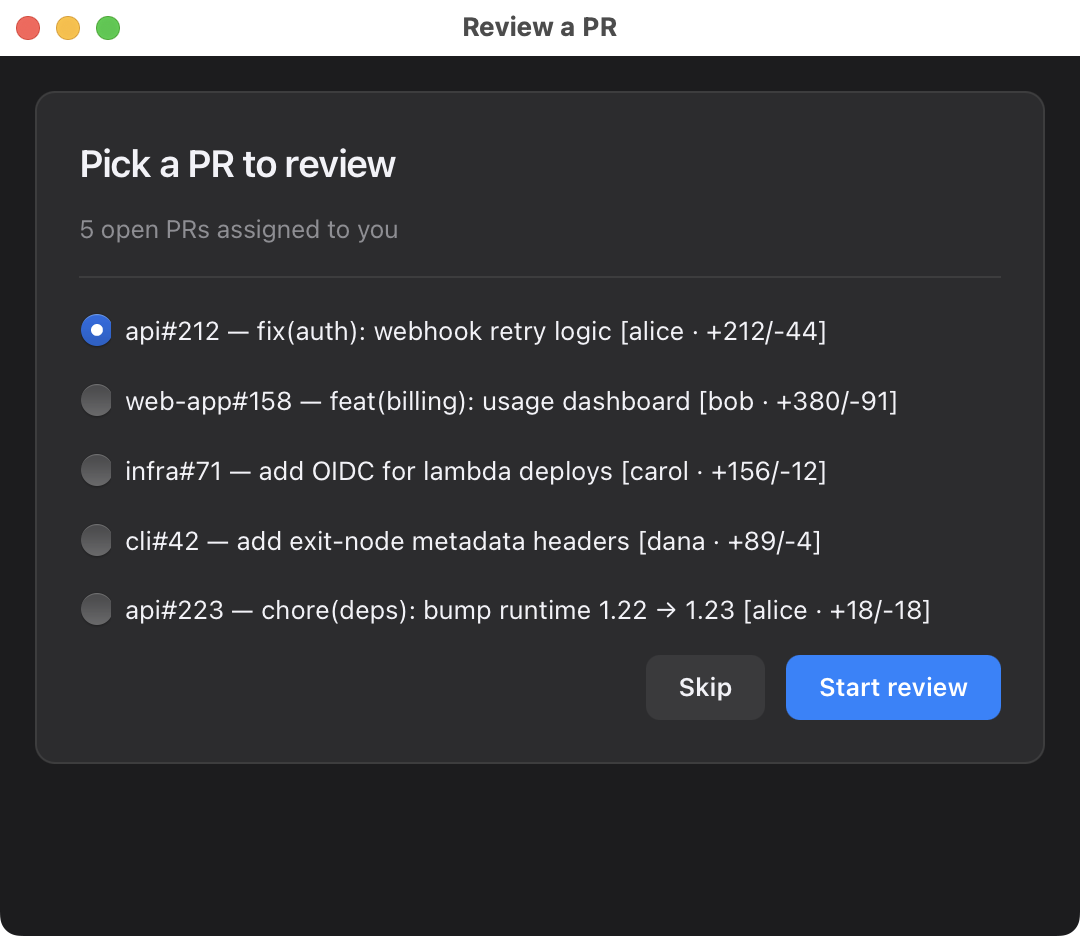 PR picker with 5 options