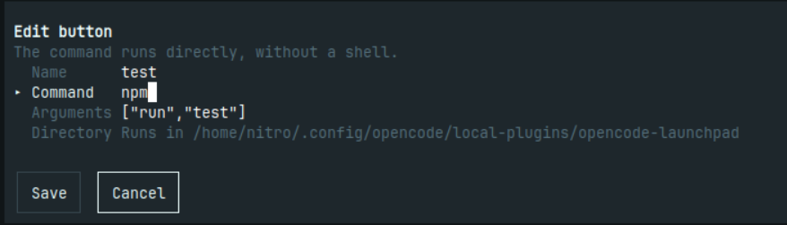 Button editor with name, executable, arguments, and working directory
