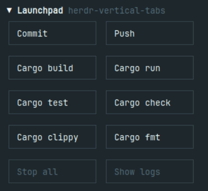Launchpad sidebar with Git controls and six Cargo command buttons