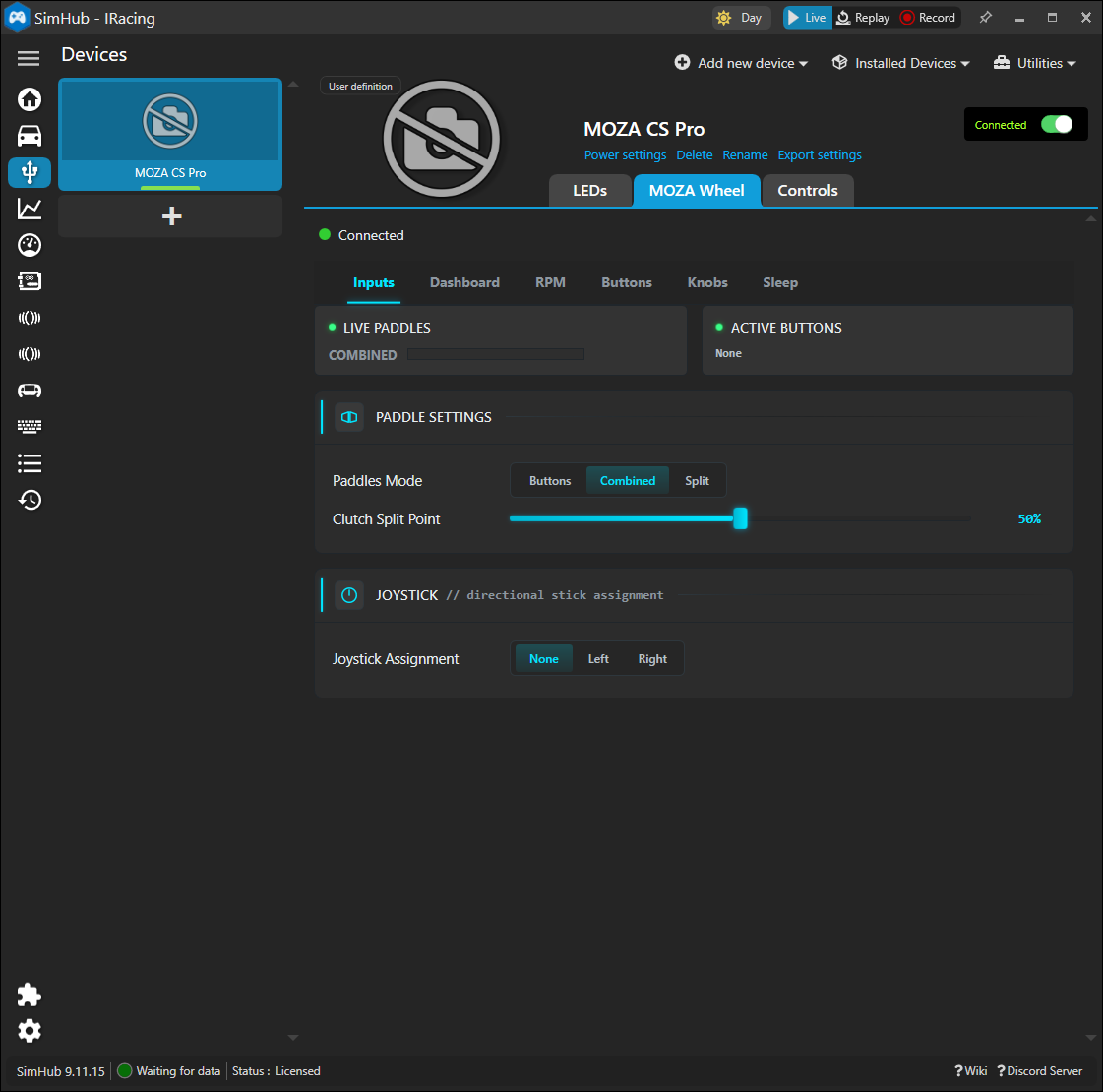 MOZA wheel device — Inputs tab
