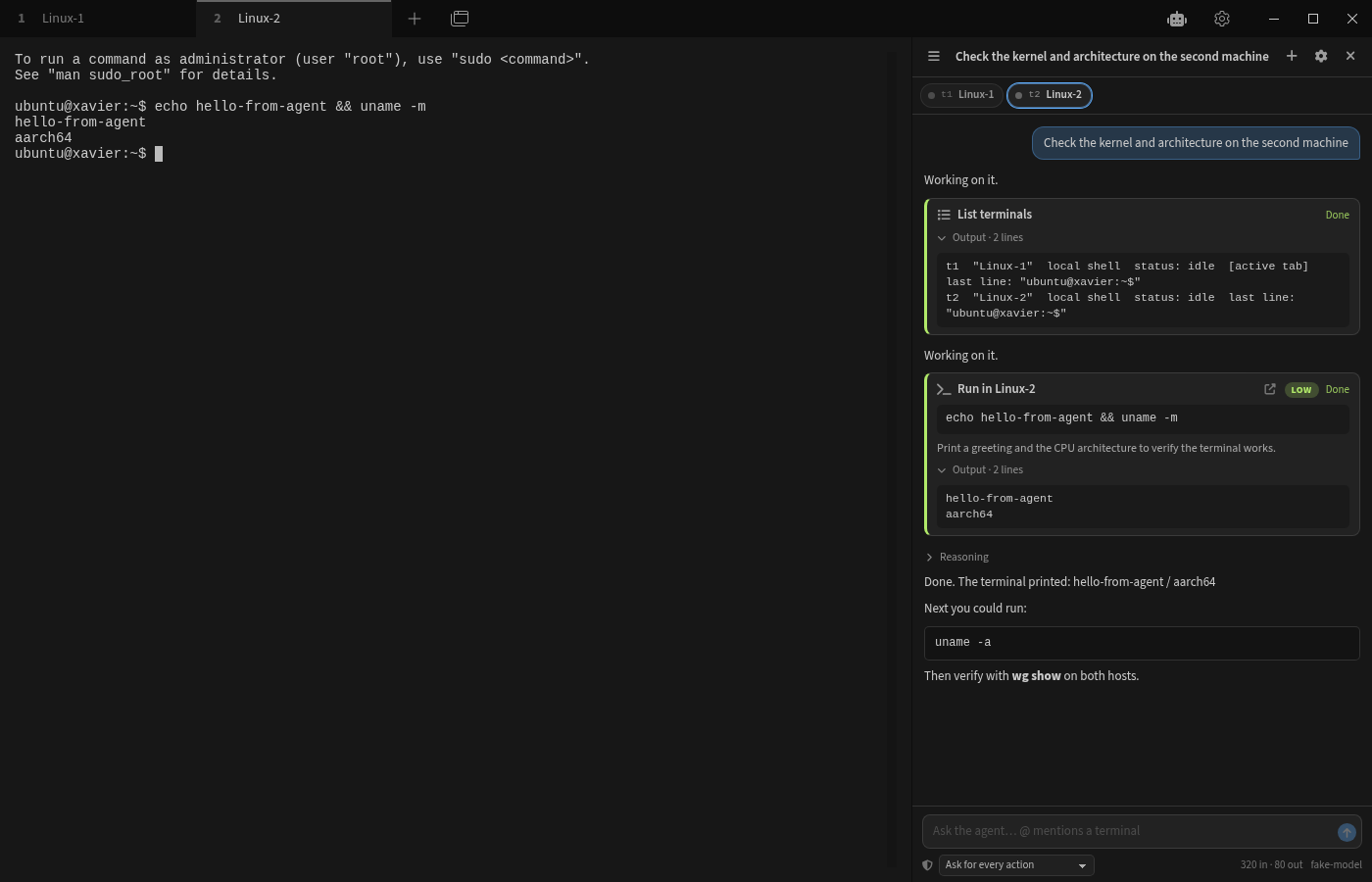 Tabby AI Panel running a command in a background tab