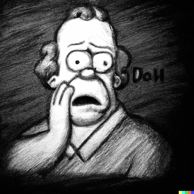 Homer Simpson says »D'oh« in the style of a Rembrandt van Rijn as a charcoal drawing.