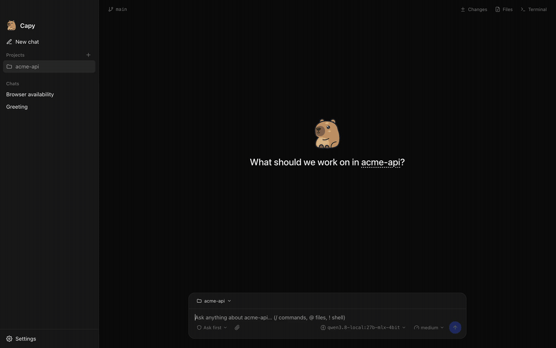 Capy recording: a request to plan and add a slugify helper with a test; the agent writes a to-do list, asks before editing two files and running npm test, ticks off the list, reports that both tests pass, and the Changes panel shows the diff.