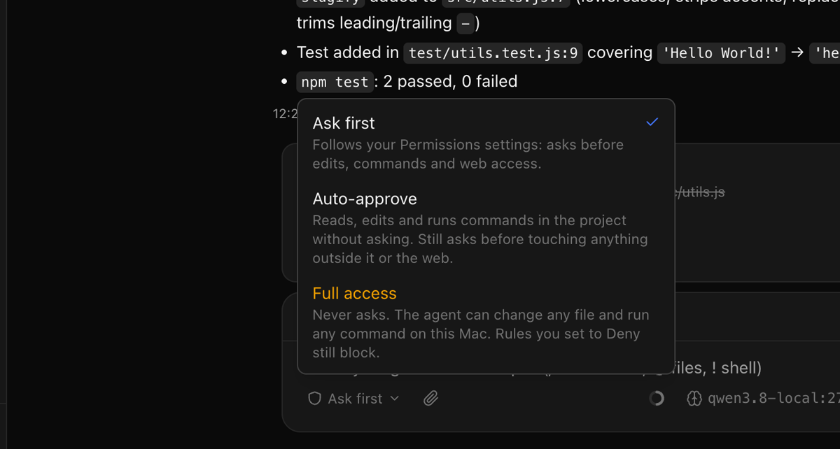 The Access menu in the chat box: Ask first, Auto-approve and Full access, each with a short description.