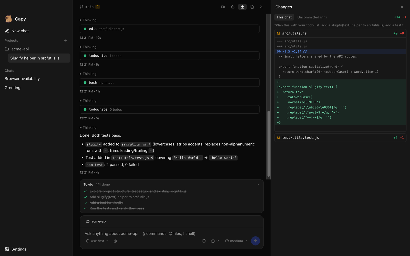 A finished task in Capy: tool calls with timings, a Markdown summary, the completed to-do list, the git branch chip showing two changed files, and the Changes panel with a colored diff of src/utils.js.